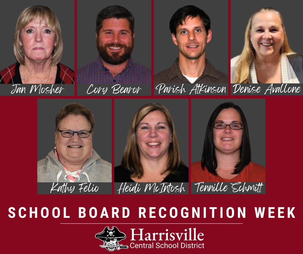 Photos of seven people with text that says 'Jan Mosher, Cory Bearor, Parish Atkinson, Denise Avallone, Kathy Felio, Heidi McIntosh, Tennille Schmitt. School Board Recognition Week. Harrisville Central School District.'